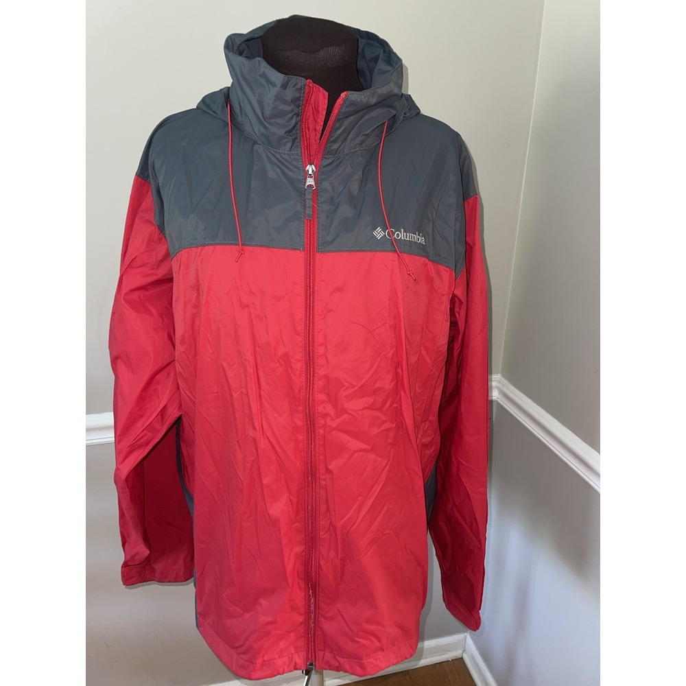 Columbia Jacket Full Zip‎ Packable Hooded Windbreaker Gray & Red Men's XL